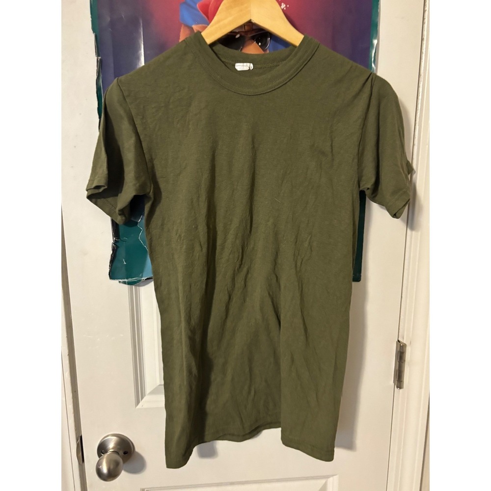 Vintage Military Olive Drab Crewneck T-Shirt Army Green Cotton Blend Mens Small